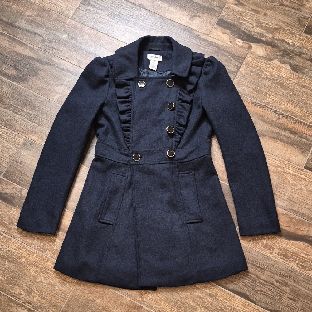 Say What? Navy Blue Ruffle Detail Puff Sleeve Wool Blend Lined Midi Coat, XS